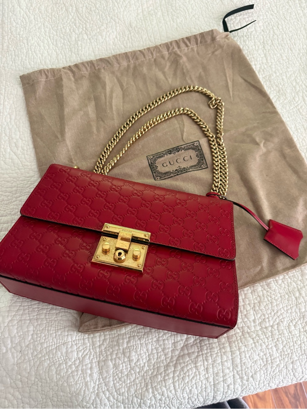 Gucci Red Embossed Leather Shoulder Bag with Gold Chain